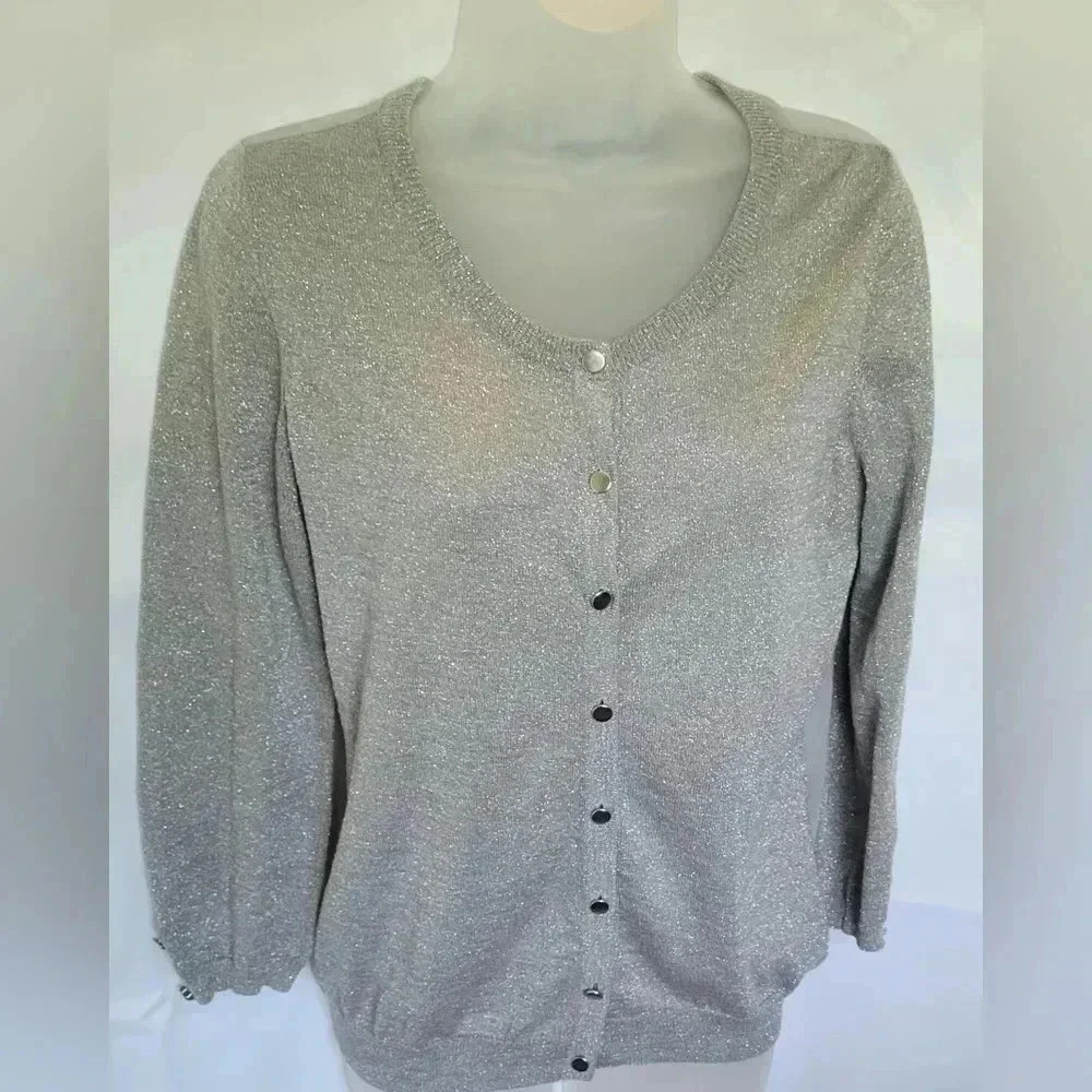 VTG Y2K 1990s Limited Silver Metallic/Gray Button Up Cardigan Sheer Back Sz Med. - Picture 8 of 11